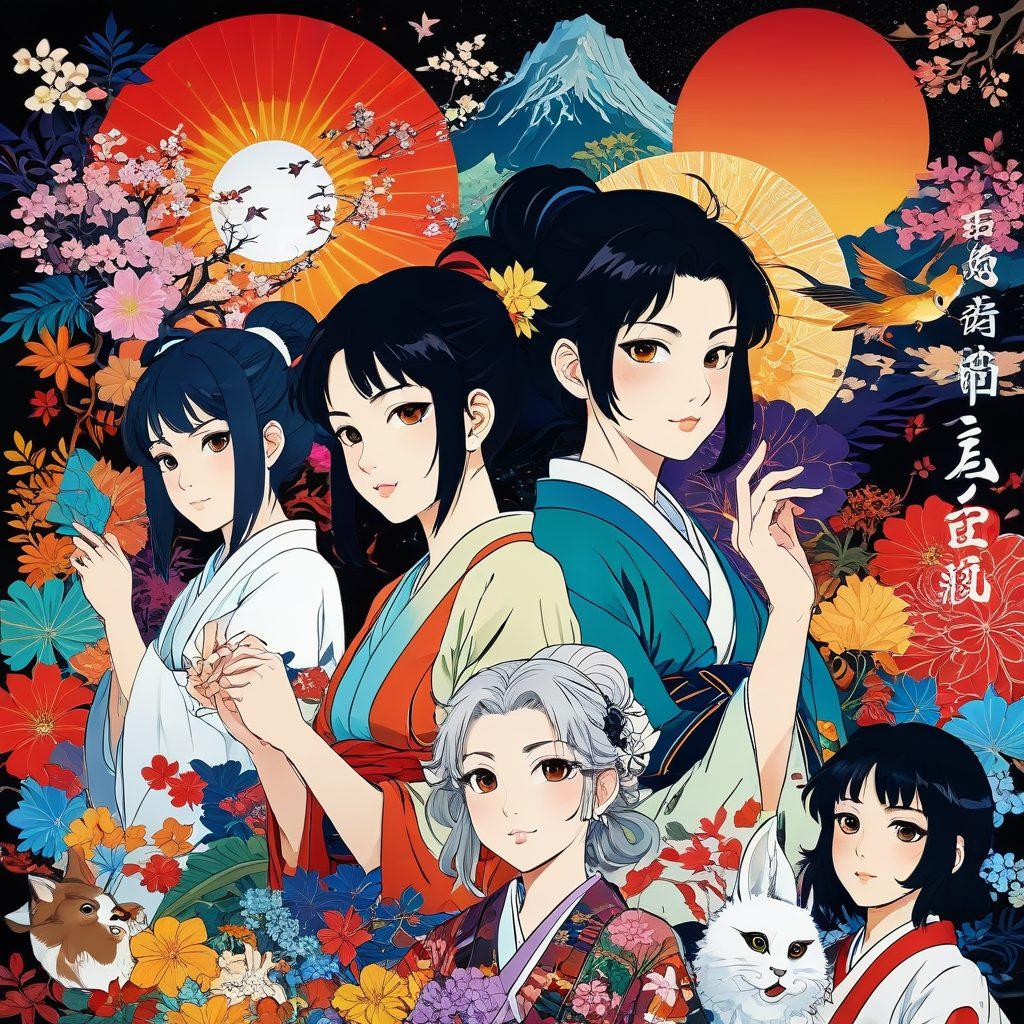 A vibrant collage depicting various styles of adult animation, including elements of traditional Japanese Hentai art intertwined with modern animated characters, showcasing cultural symbols and intricate details. The background should exhibit a rich blend of colors to convey the depth and impact of the genre. Include subtle hints of traditional art forms merging with contemporary animation techniques. super-realistic. vibrant colors. intricate details.