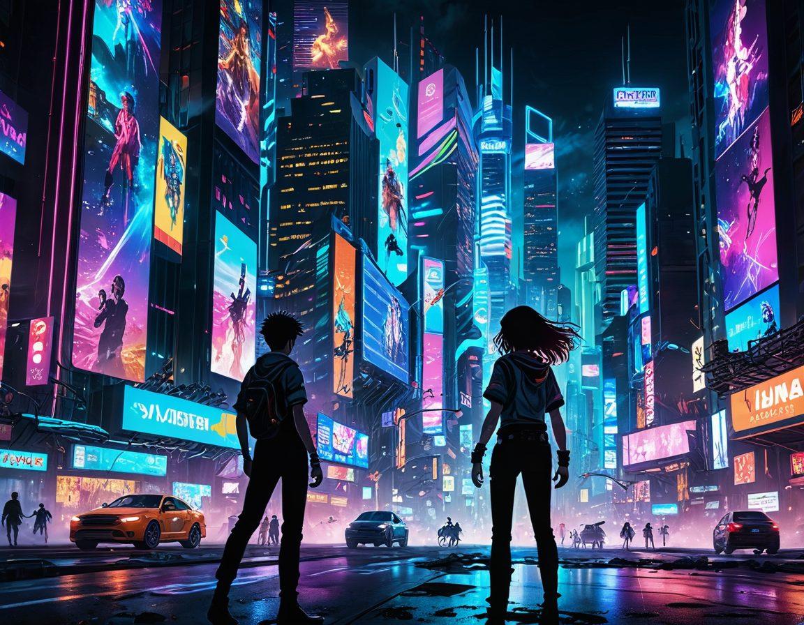 A dynamic collage featuring iconic adult animated characters emerging from digital screens, with vibrant colors splashing outwards. Incorporate futuristic cityscapes in the background to signify the evolution of anime content. Enhance with flowing visuals that represent streaming waves and playful, whimsical elements reminiscent of animation. Include film reels and anime-inspired motifs subtly integrated into the design. super-realistic. vibrant colors. cyberpunk.